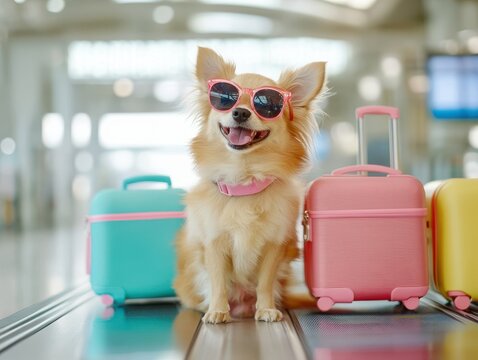Pet vacation travel concept. A cheerful dog wearing sunglasses sits between colorful suitcases, embodying a fun travel vibe in an airport setting. travel