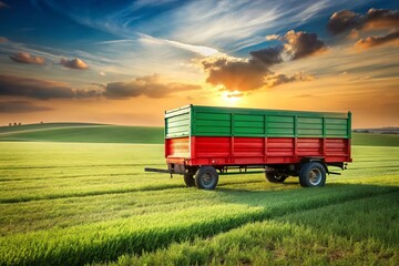 Obraz premium Minimalist Green & Red Agricultural Trailer in Field - Rural Farm Scene Stock Photo