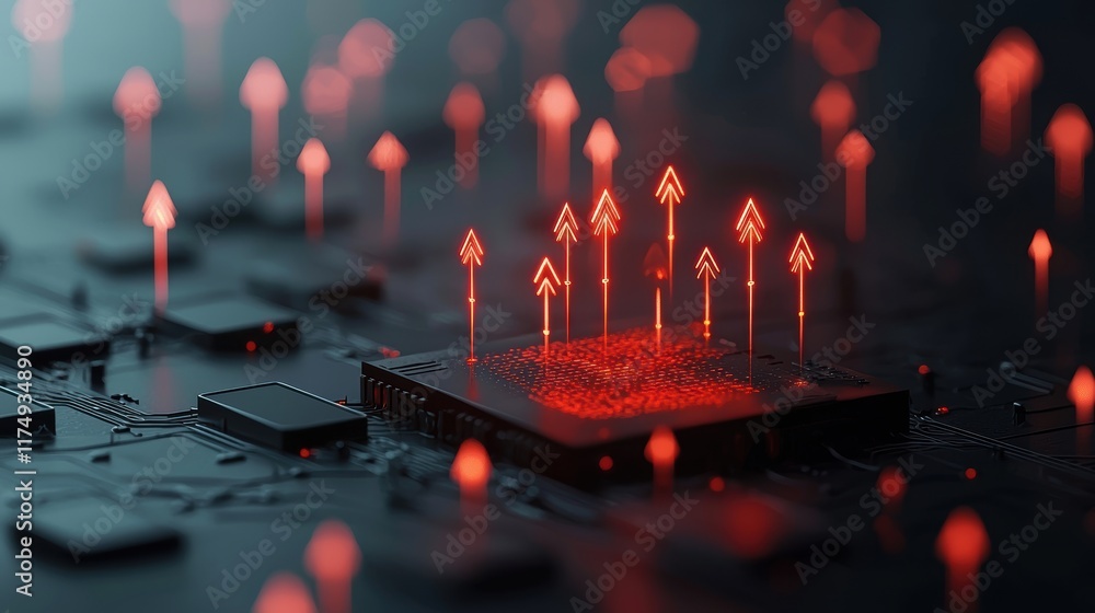 Poster an abstract representation of a cyberattack with glowing red lines and arrows targeting a network of