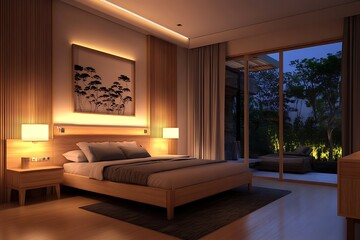 Fototapeta premium modern bedroom with light wooden furniture and soft lighting