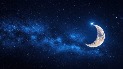 Fototapeta premium A crescent moon shines brightly against a backdrop of a star-filled night sky. Ideal for space, astronomy, or night-themed projects.