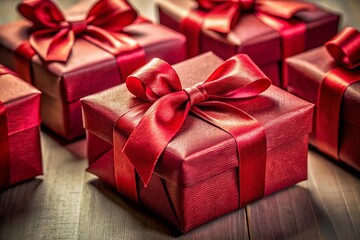 Obraz premium Elegant Red Gift Boxes: A Documentary Photography Style Image of Beautifully Wrapped Presents