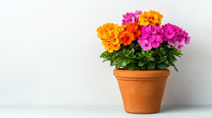 Bright and colorful flowering plant in classic clay pot, adding charm