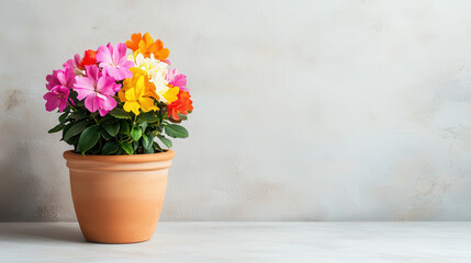 Fototapeta premium Bright and colorful flowering plant in classic clay pot on table