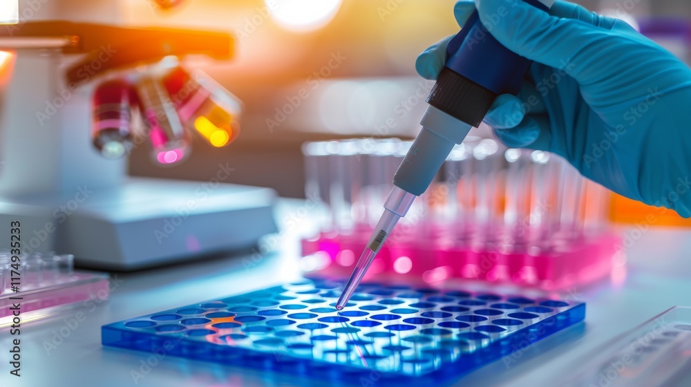 Poster Scientist pipetting samples into a microplate in a modern lab