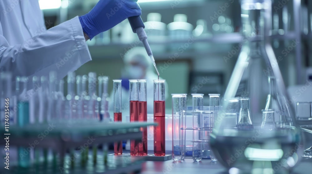 Poster Scientists conducting precise measurements and mixing chemicals in a controlled laboratory setting, with a focus on the equipment and their meticulous work.