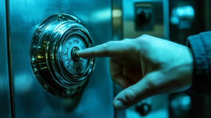 Hand turning a metallic dial, dark setting.