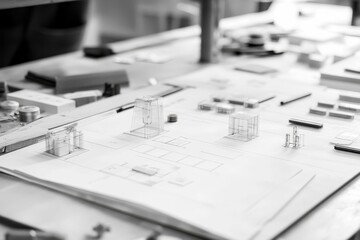 Architectural models and blueprints on a table.