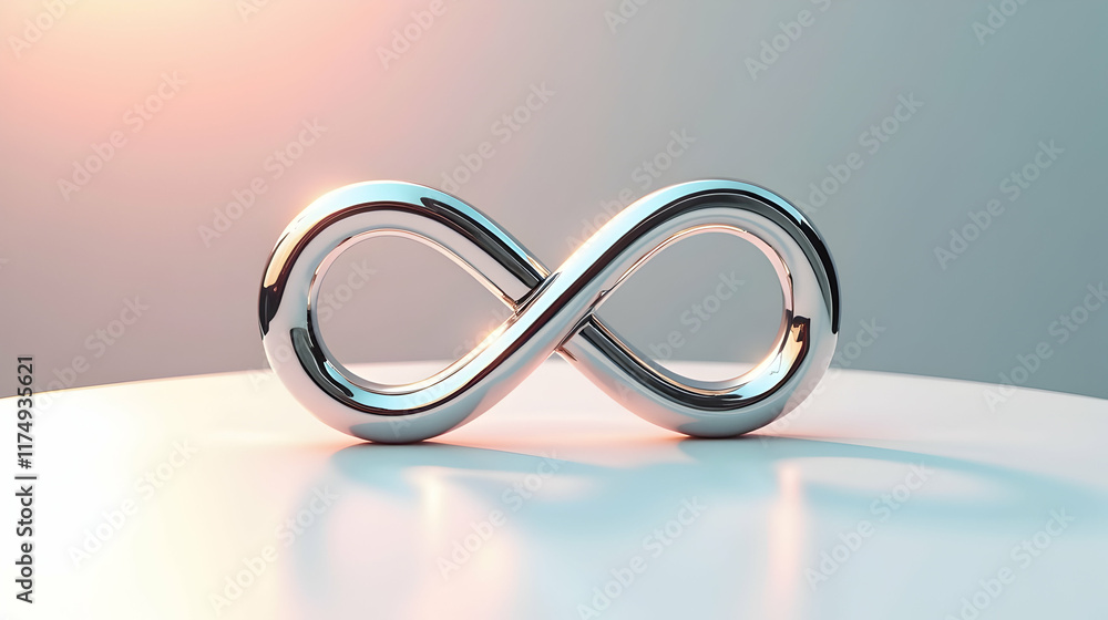 Poster endless loop: a mesmerizing chrome infinity symbol rests on a soft, subtly lit surface, evoking a se