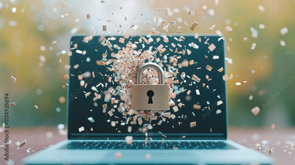 Poster a close up shot of a laptop screen with a padlock breaking apart, symbolizing the vulnerability of d