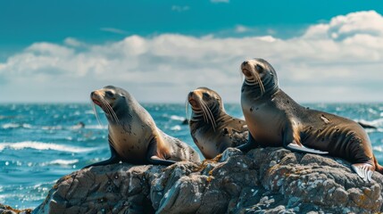 Naklejka premium Sea lions lounging on a rocky outcrop with distant ocean waves and a clear, sunny sky providing the backdrop.