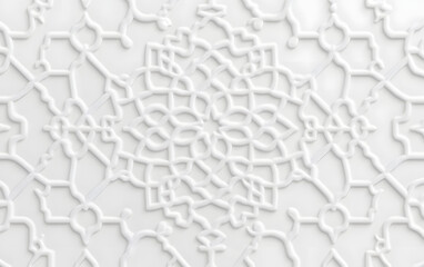 Islamic arabesque design greeting card for Ramadan Kareem,Arabic ornamental monochrome detail of mosaic,white abstract texture, 3d vector background