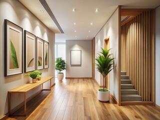 Minimalist Modern Hallway Interior Design Mockup: Empty Wooden Frame for Artwork or Fashion Photography