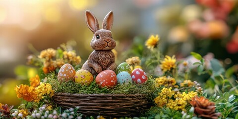 Easter Bunny and Eggs in Grass An adorable Easter bunny figurine surrounded by brightly colored eggs nestled in fresh green grass.