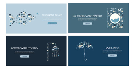 Set of horizontal banner with eco water conservation icons in abstract modern geometric flat style. Fish, shower, umbrella, washing machine. Save water. Template for web, card or advertising. Vector