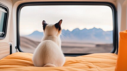 A cat gazes out a van window, overlooking mountains and a serene landscape.