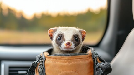 A cute ferret peeks out from a bag inside a vehicle, surrounded by natural light.