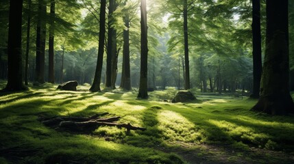 Obraz premium Soft sunlight on green grass in a quiet summer forest