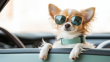 A stylish dog wearing sunglasses relaxes in a car, exuding a cool and carefree vibe.