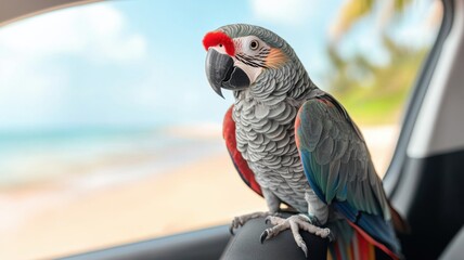 Colorful parrot perched by the beach, showcasing vibrant feathers and a scenic background.
