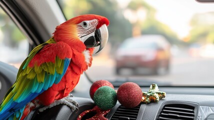 Colorful parrot perched on a car dashboard, surrounded by festive decorations.