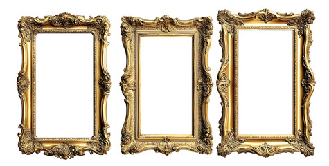 Set of empty natural vintage gold frame element set on transparent background. Antique gold picture mirror frames. golden photo frame isolated. PNG file, cut out. Realistic border rectangular picture