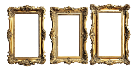 Set of empty natural vintage gold frame element set on transparent background. Antique gold picture mirror frames. golden photo frame isolated. PNG file, cut out. Realistic border rectangular picture