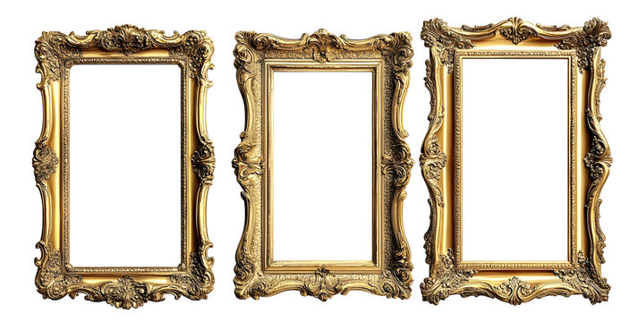 Set of empty natural vintage gold frame element set on transparent background. Antique gold picture mirror frames. golden photo frame isolated. PNG file, cut out. Realistic border rectangular picture