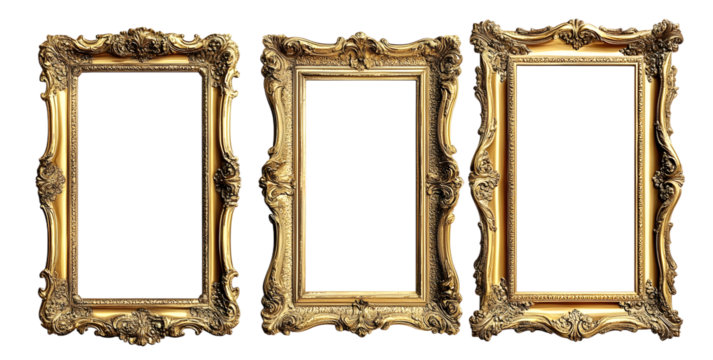Set of empty natural vintage gold frame element set on transparent background. Antique gold picture mirror frames. golden photo frame isolated. PNG file, cut out. Realistic border rectangular picture