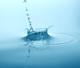 Splashes from a drop of blue water