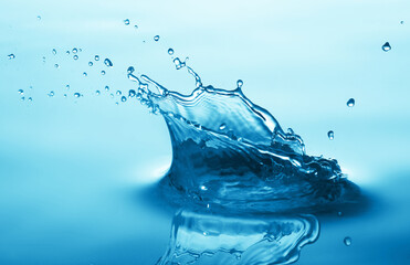 Splashes from a drop of blue water