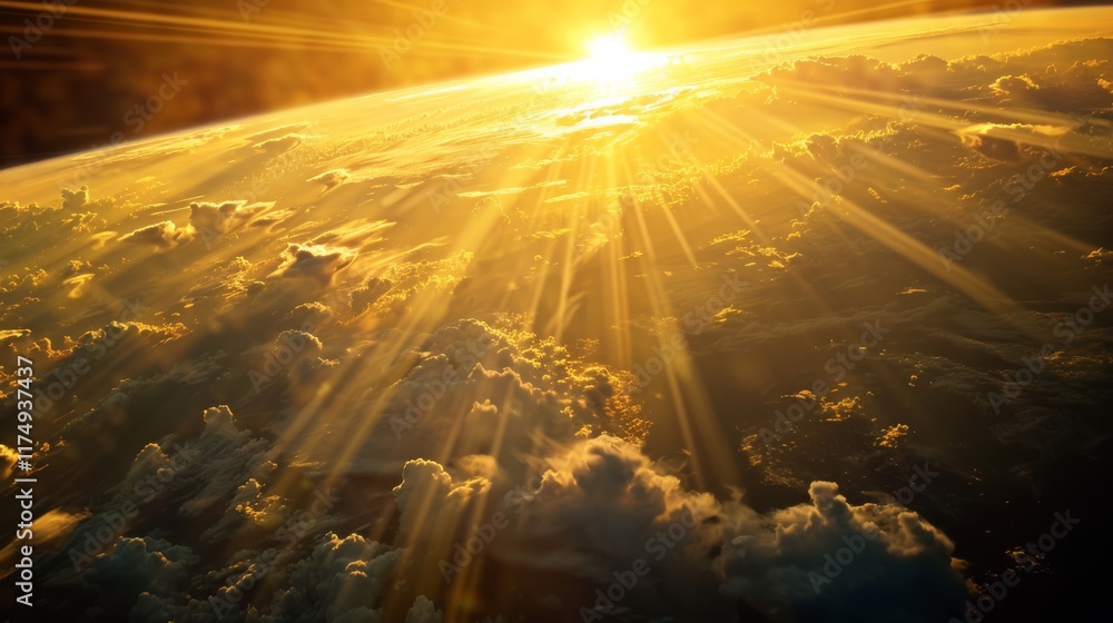 Poster Sunlight breaking through clouds above Earth casting golden rays