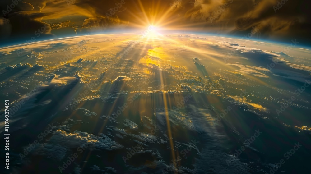 Aufkleber sunlight breaking through clouds above earth casting golden rays