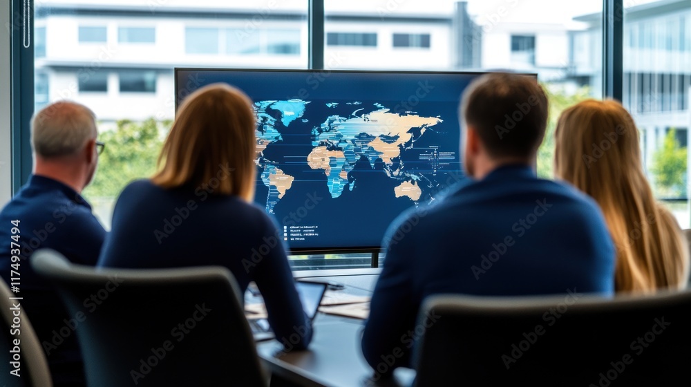 Poster global business strategy meeting: team analyzing world map data on a large screen