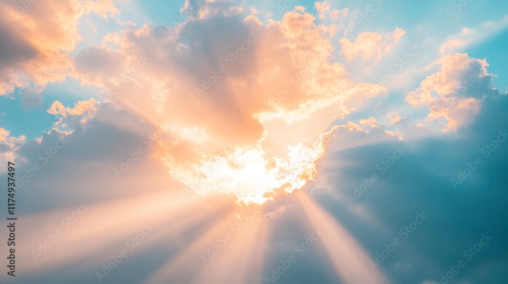 Poster sunlight bursting through scattered clouds at sunset, bathing the sky in a gradient of warm colors