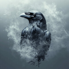 Dynamic Artwork of a Black Raven in Flight Surrounded by Ethereal Smoke Effects on a Minimalistic Background