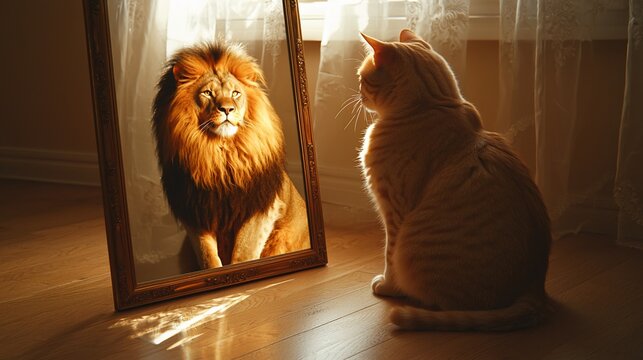 Cat sees lion reflection in mirror.