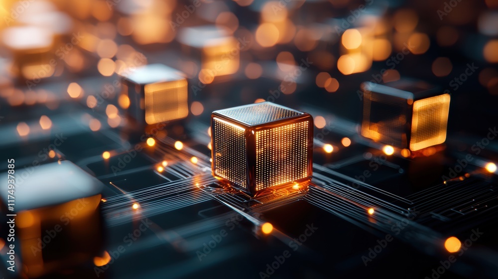Poster a chain of interconnected blocks with glowing lines and digital codes, representing the decentralize