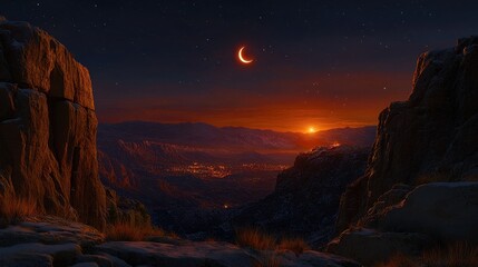 A mystical valley city at twilight under a crescent moon. Ideal for fantasy book covers or desktop backgrounds.
