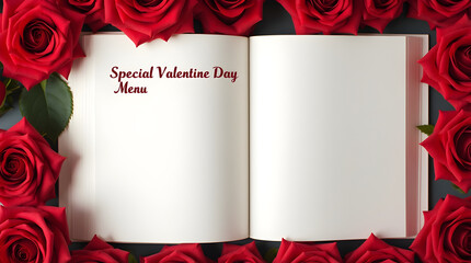 special valentine day menu mockup as a red roses around the book with blank pages 