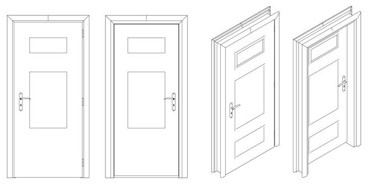 Icons set of doors types. Collection in thin linear style. Entrance to the house, classic wooden or glass interior doors. Simple design. Vector illustration isolated on white background.