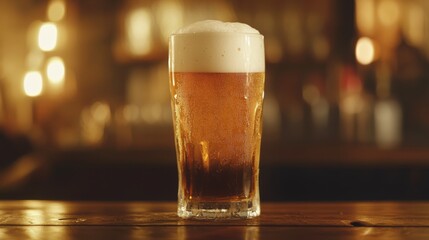 A close-up of a tall glass of golden beer with a frothy head, condensation on the glass, set on a wooden bar with a warm bokeh light in the background.