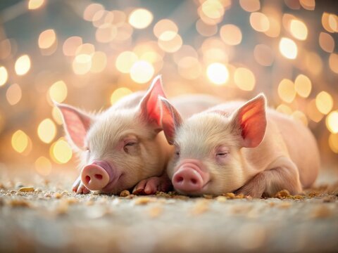 Minimalist Sleeping Piglets, Peaceful Farm Animal Snooze, Adorable Pink Piglets Resting