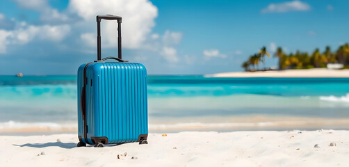 Blue Suitcase Resting on a Scenic Sandy Beach With Ocean Waves