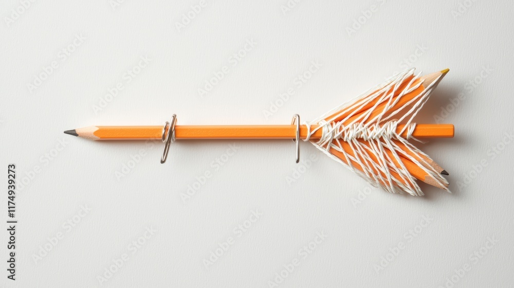 Poster a playful arrow made of everyday objects, such as pencils, paperclips, or string, adding a touch of 
