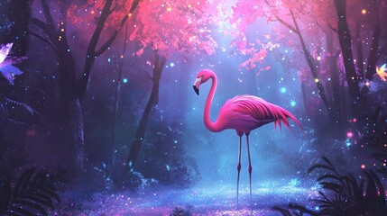 A vibrant pink flamingo in an enchanted forest surrounded by sparkling trees and colorful mist.