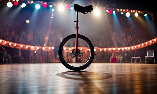 Artist doing a trick with a unicycle at the circus.