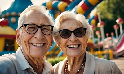 Happy senior couple in a theme park.