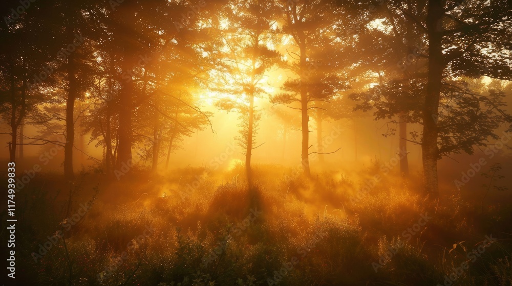 Poster sunrise in a misty woodland, soft light and fog creating a dreamy effect, quiet and calm