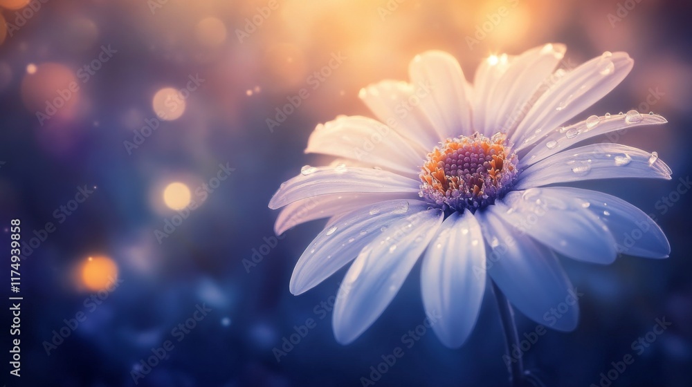Poster a close-up of a white flower with shimmering water droplets on the edges of its petals, captured wit